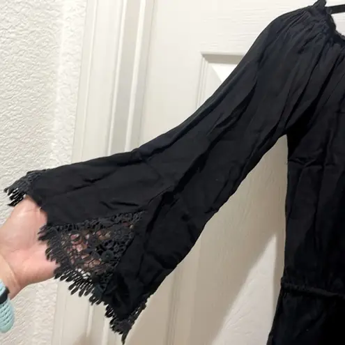 all about eve Black Long Bell Sleeve Wide Neck Crochet Detail Romper Size M