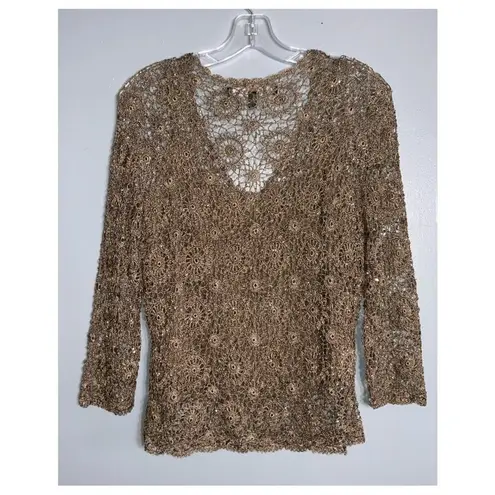 Carmen Marc Valvo Carmen Marc Vavlvo Tan 2Pc Crochet With Sparkly Beads Tank Top & Cardigan XL