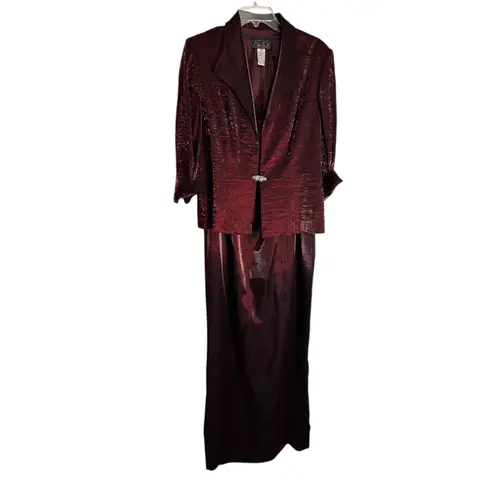 Alex Evenings Women Burgundy Metallic Jacquard 2 Pc Jacket Dress Set Size 14
