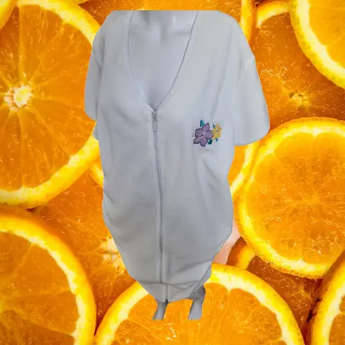 Moon Beams Terry Cloth Robe Short Sleeve Zip Up Lounger Flowers White L Size L