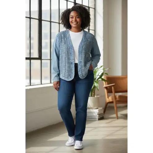 Vintage Saint German Paris Blue Denim Collarless Jacket Large Ruched Front Women