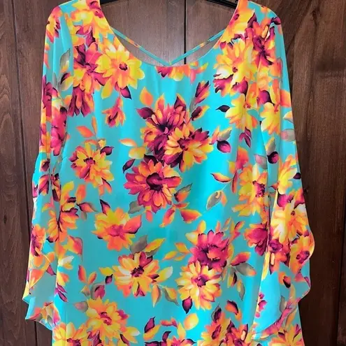 Pink Owl Womens Retro Dress Size Small Hippie Vibrant Floral Dress Flared Sleeves Teal