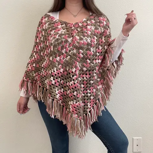 Pink Brown Green Multicolor Handmade Open Crochet Knit Tassel Fringe Poncho Multiple