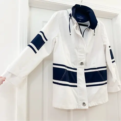 Mackintosh New England Poplin Nautical Rain Jacket Blue White Striped Medium