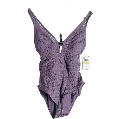 BECCA by Rebecca virtue Becca Color Play Fig Purple Plunge Lace One Piece Swimsuit Size Small