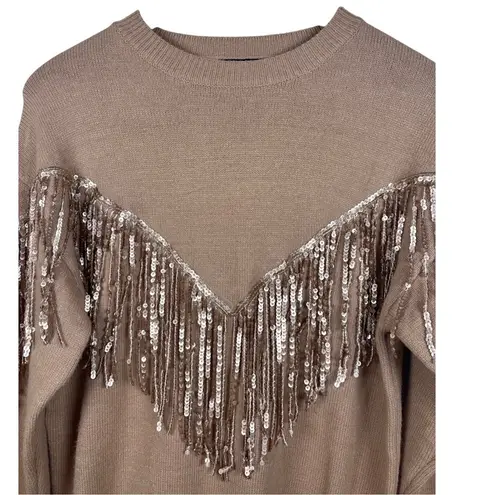 Fate Women's Size Small Tan Sequin Fringe Crewneck Long Sleeve Sweater