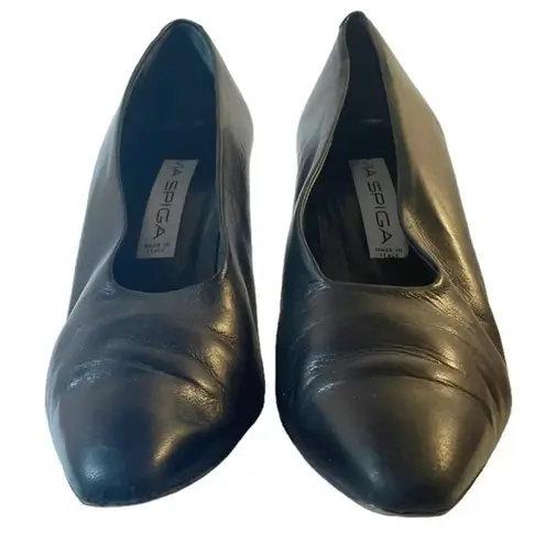 via spiga Heels Vintage Black Leather Elongated Square Toe Pump Womens Size 11AA