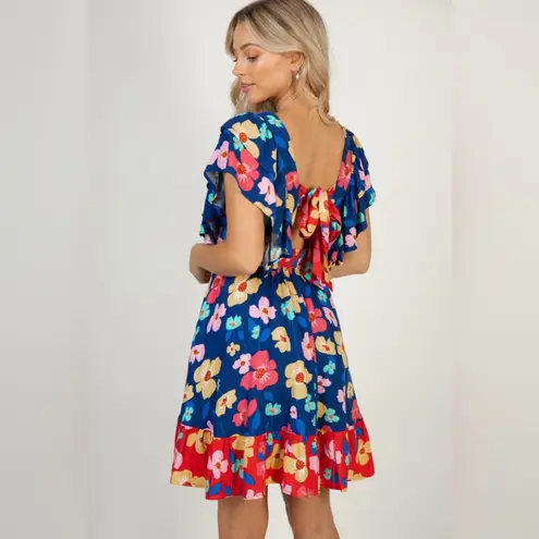 White Birch Empire Waist Flutter Sleeve Tie Back Bold Floral Mini Dress 1X New