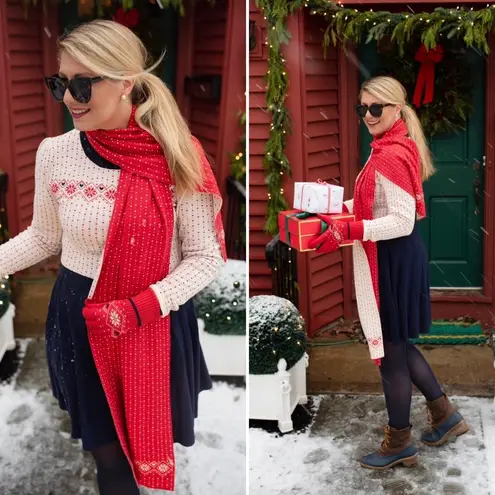 Draper James  Fair Isle Wool Blend Sweater Dress in White/Red/Navy Fit & Flare, L