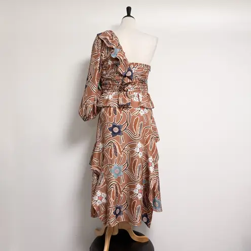 Ulla Johnson Copper Brown Ivory Floral Mariam One Shoulder Silk Midi Dress 12