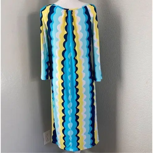 Lesley Evers Wavy Print Retro Style Shift Dress XS Yellow