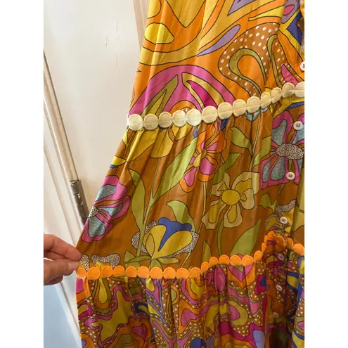 Celia B Lobelia Dress XS Multicolor Floral Midi Pom Pom Trim Boho Orange