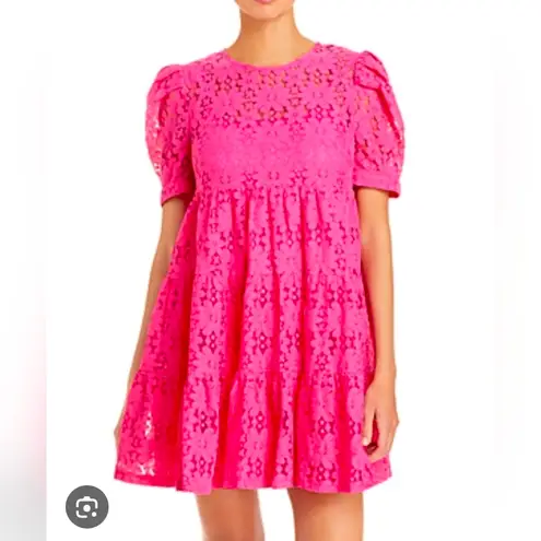 AQUA  Hot Pink Short Sleeve Floral Lace Tiered Mini Dress Size XS