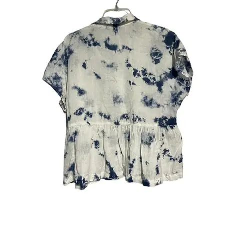 None Women's Top Blouse 100% Linen Drop Waist Boho Blue White Size Large