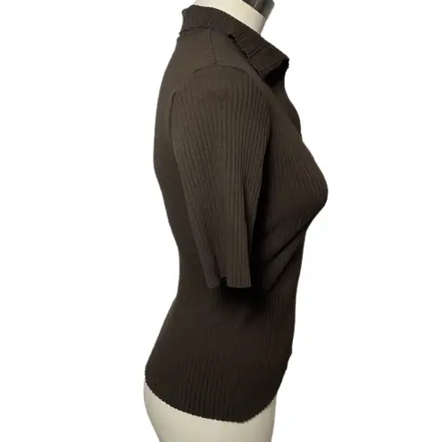 Cotton Citizen Ribbed Knit Polo Top Brown V-Neck Stretch Fitted Shirt Size M