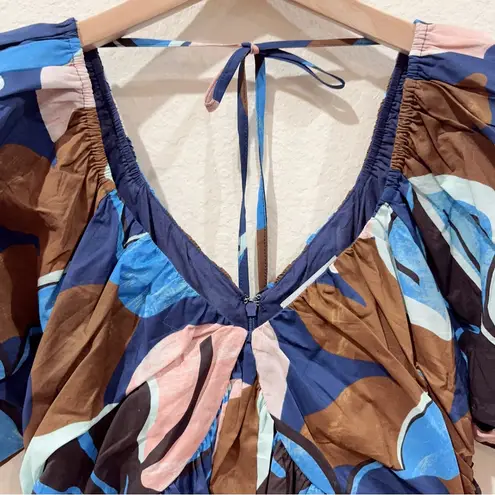 Greylin Fannie Plunge Neck Gathered Cotton Mini Dress Navy Multi NWT