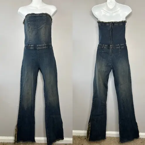 Cello  USA Vintage Strapless Flare Leg Fringe Denim Jumpsuit