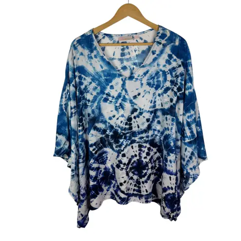 Belle Kim Gravel Tie Dye Woven Aloha Poncho Size XL Blue Kaftan Lightweight