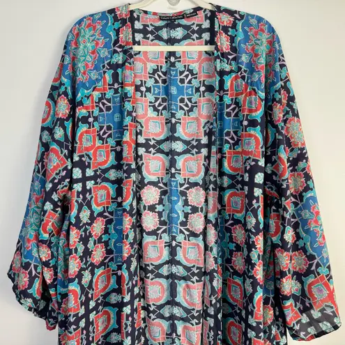 Tolani Collection Kimono Longline Cardigan 1X Blue Red Multicolor Abstract Print