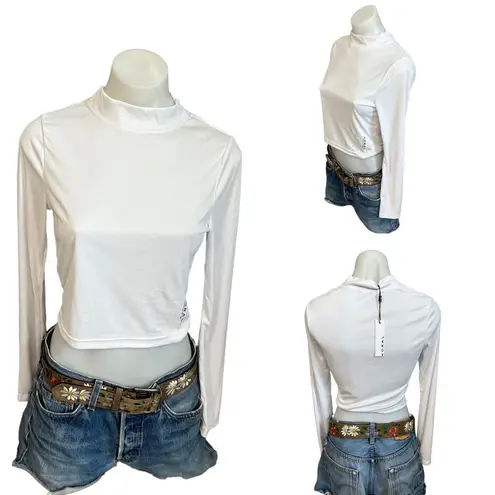 Koral White Long Sleeve Crop Top MEDIUM Ribbed Mock Neck Logo Marlow $85 NEW