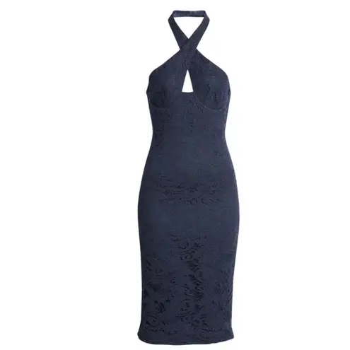Bardot NWT Riviera Crossover Halter Neck Cutout Corset Dress In Navy