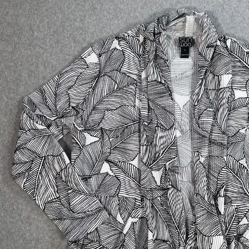 Clara Sun Woo Open Cardigan Sweater Women's Large Black White Leaf Print Ribbed