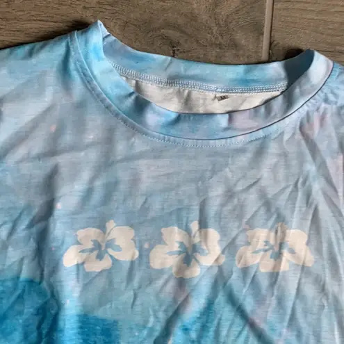 Oversized blue tie dye shirt with hibiscus print t