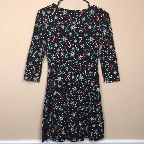 Derek Heart  Women’s Holiday Candy Cane Snowflake Print 7/8 Sleeve A-Line Dress