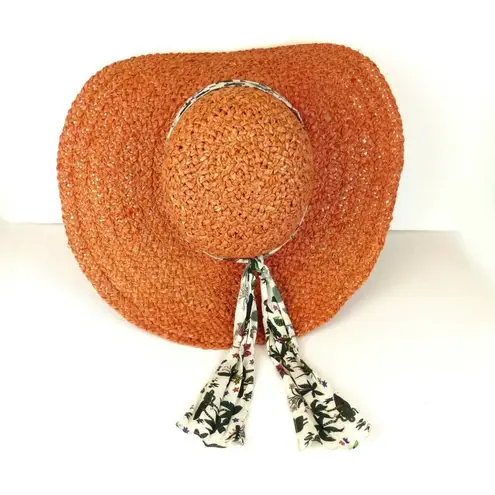 Paul Smith Women Coral Raffia Straw Sun Hat Floppy Wide Brim Silk Band Sz L Pool Size L