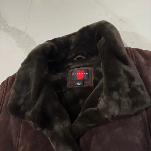 Gallery Vintage  Genuine Leather Suede Button Front Coat w/Faux Fur Trim Womens L