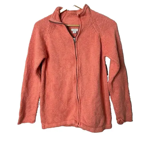 LL Bean Womens Sweater Medium Full Zip Cardigan Peach Mock Neck Cotton Outdoor Orange