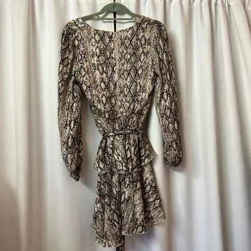 Y2K Snake Print Plunge Neckline Gray Animal Pattern Mini Dress Size Medium Tan