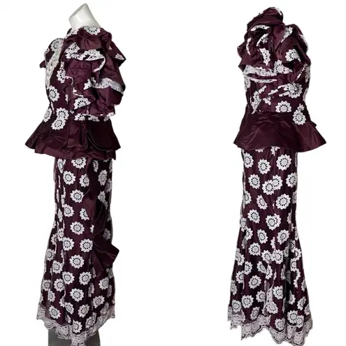 HANDMADE Lace African Style Formal Top Skirt Burgundy White Hand Crafted Size M