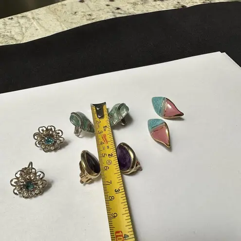 Lot Of 4 Clip On Screw On Earrings 1 Ceramic 2 Enamel 1 Rhinestone