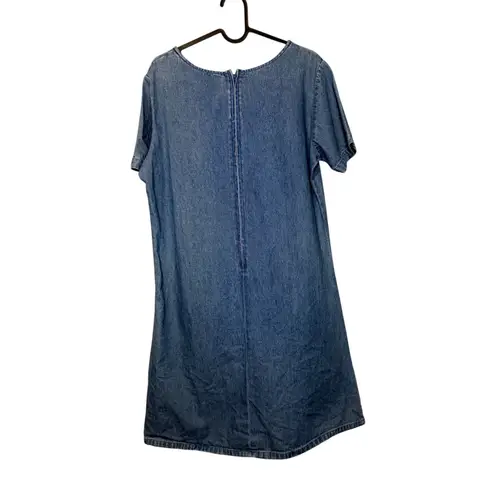 Vintage Denim Dress with Fish Embroidery, Pockets, Short Sleeve, Casual, Cute Blue Size M