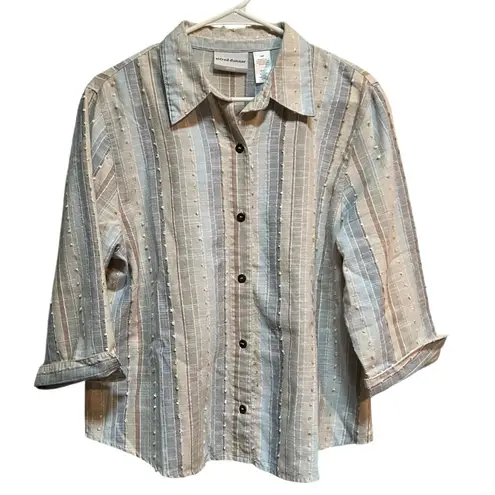 Alfred Dunner Button Down Blouse Pink Blue Tan Stripes Clip Dot 16P - Image 1