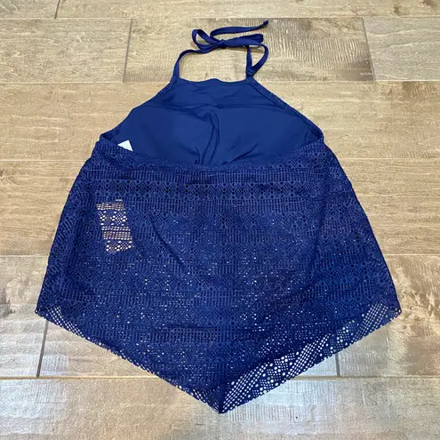 Kona Sol Women’s Eyelet Halter Tankini Swim Top Oxford Blue NWT