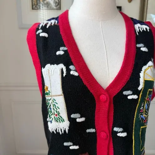 Vintage OHI Christmas Appliqué Embroidered Button Front Sweater Vest S Red