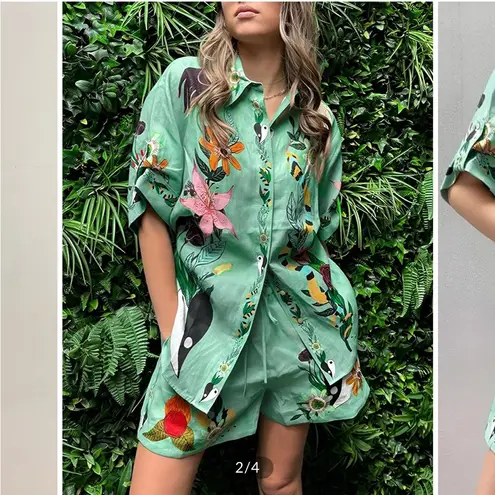 Commense Mint Green Oversized Floral Print Shorts Set Size M
