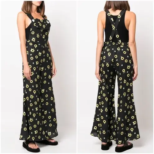 Sleeper • Baccara Linen Jumpsuit overall black yellow sunflower print flare leg