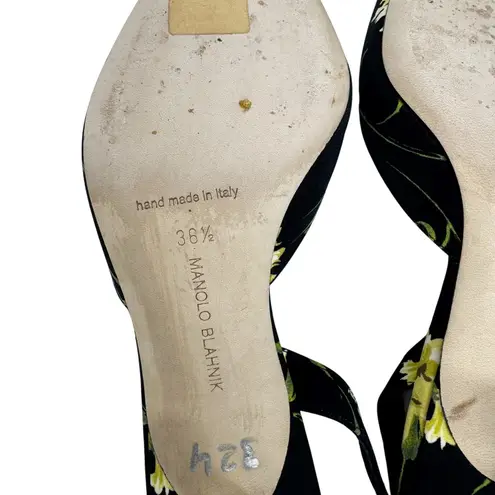 Manolo Blahnik Carolyne 50 Floral Slingback Pumps Black Yellow EU 36.5