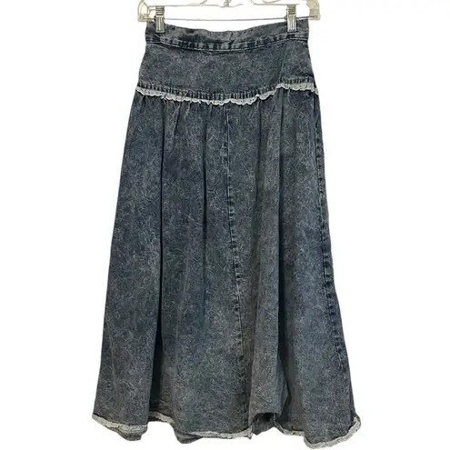 Vintage Chic Sport Acid Wash Cowgirl Country Lace Trim High Waisted Jean Skirt Blue Size juniors