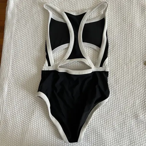 Aerie Pop Cutout One-Piece Swimsuit Full Coverage Black White Size S