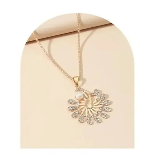 Rhinestone Flower Pendant Necklace Pearl Accent Long Chain Statement Gold