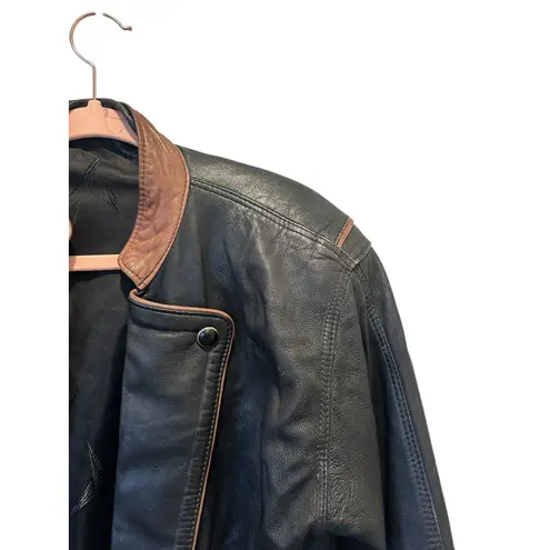 Vintage Butter Soft Black Leather Moto Jacket Brown Trim Quiet Luxury Minimalist Size L