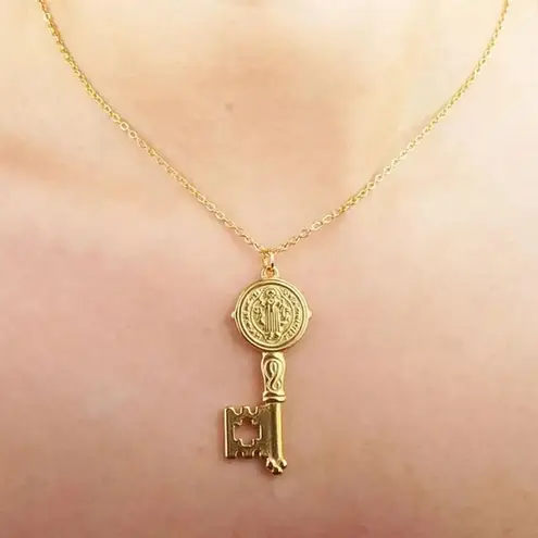 Boutique NEW Unisex Gold-Plated Saint Benedict Key Pendant Necklace, 16-18”