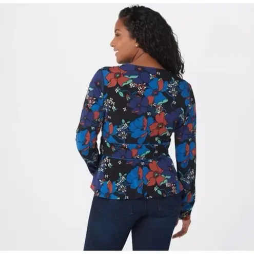 Susan Graver Black Floral Liquid Knit Long Sleeve Tie-Front Shrug Top XL