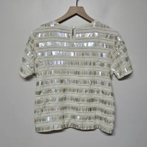 J.Crew Womens Crochet Ivory Short Sleeve Top Shirt Sequins Party Going Out Sz S
