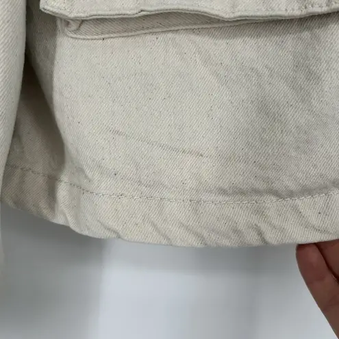 Bershka  Cropped Canvas Jacket Cream Beige Button Front Puff Sleeves Size M