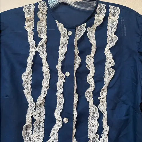 Vintage Handmade Navy Lace Puff Sleeve Blouse – Romantic Cottagecore Medium Blue